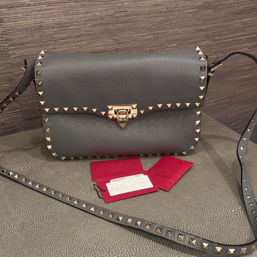 Gray Studded Leather Crossbody Bag